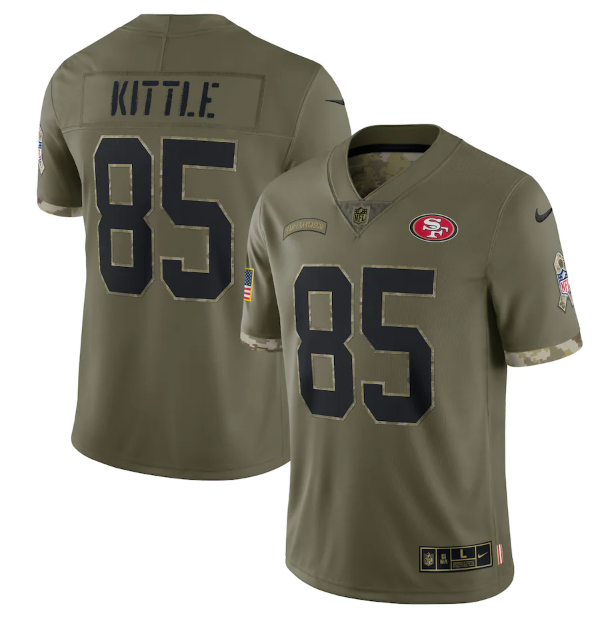 Men's San Francisco 49ers #85 George Kittle Olive 2022 Salute To Service Limited Stitched Jersey